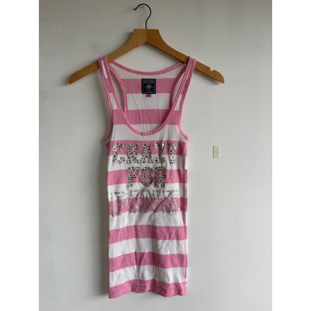 Vintage Y2K Victoria's Secret PINK Striped Rhinestone Racerback Tank Top Pink XS